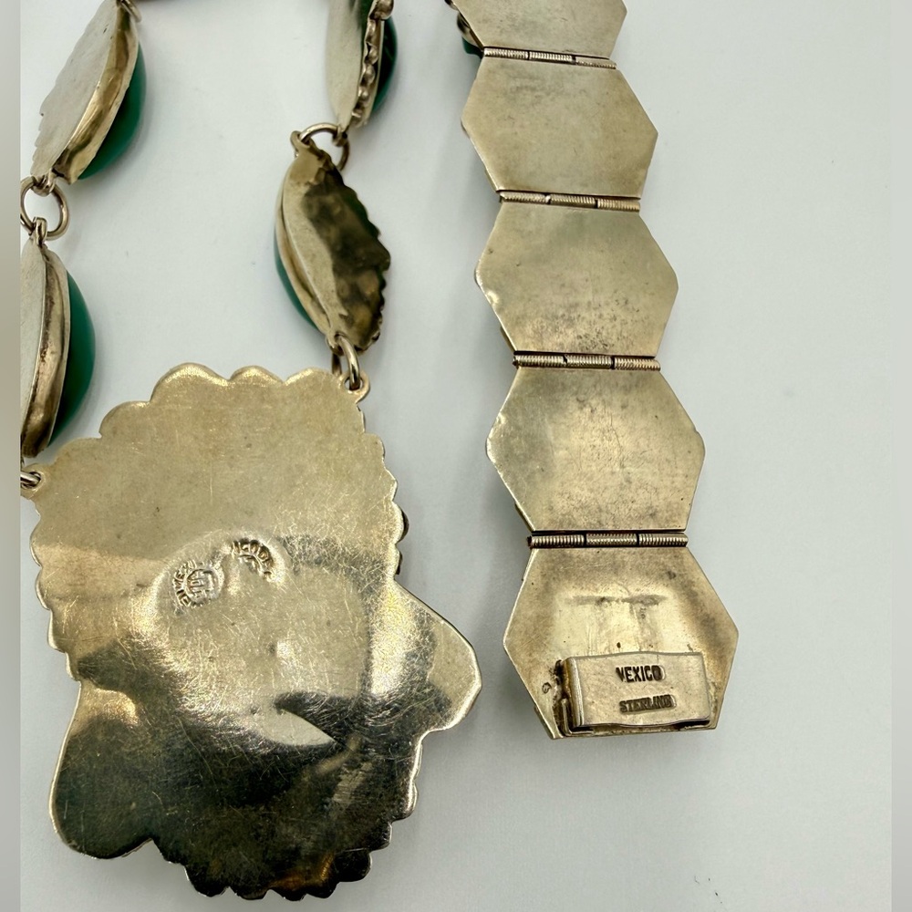 Vintage Mexico Sterling Green Onyx Aztec Mask Necklace Bracelet Set 17” & 7” - Picture 17 of 17